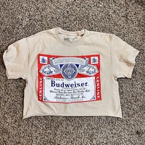 Budweiser Beer Shirt Brew City White Red USA Women's Med Crop Top Short Sleeve
